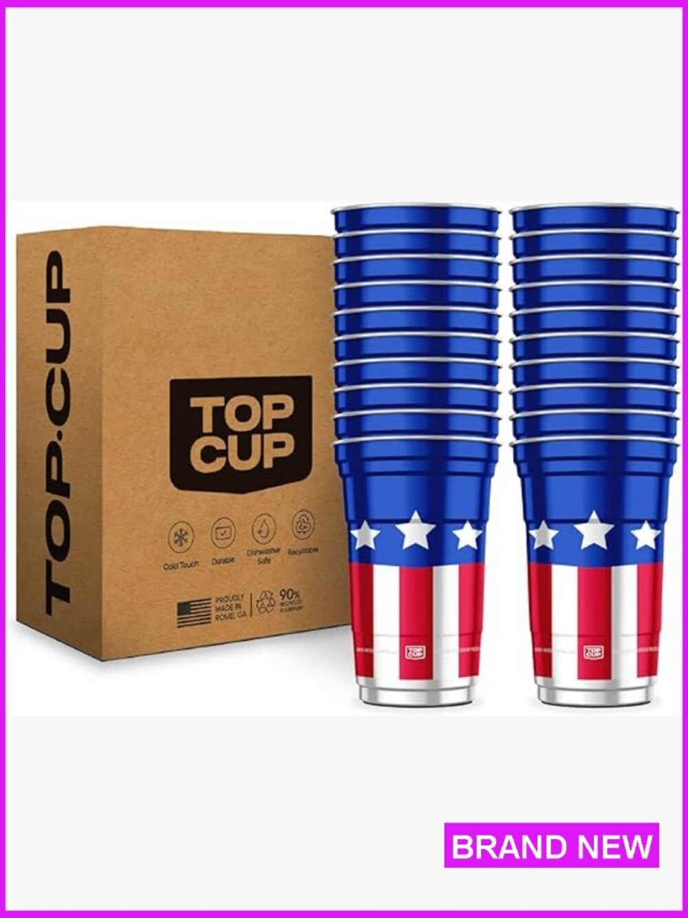 20 Pack Reusable Aluminum Party Cups Patriotic Design 20 oz Durable Dishwasher